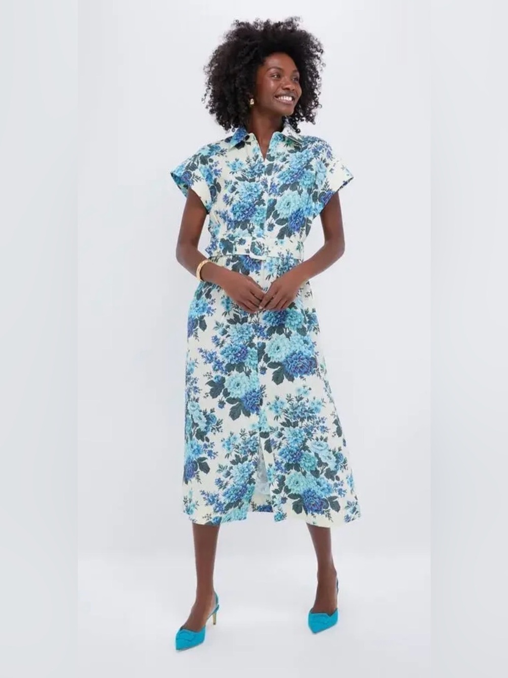 Tuckernuck NWT Chloe Wild Zinnia Linen Blue Floral Midi Dress Size L